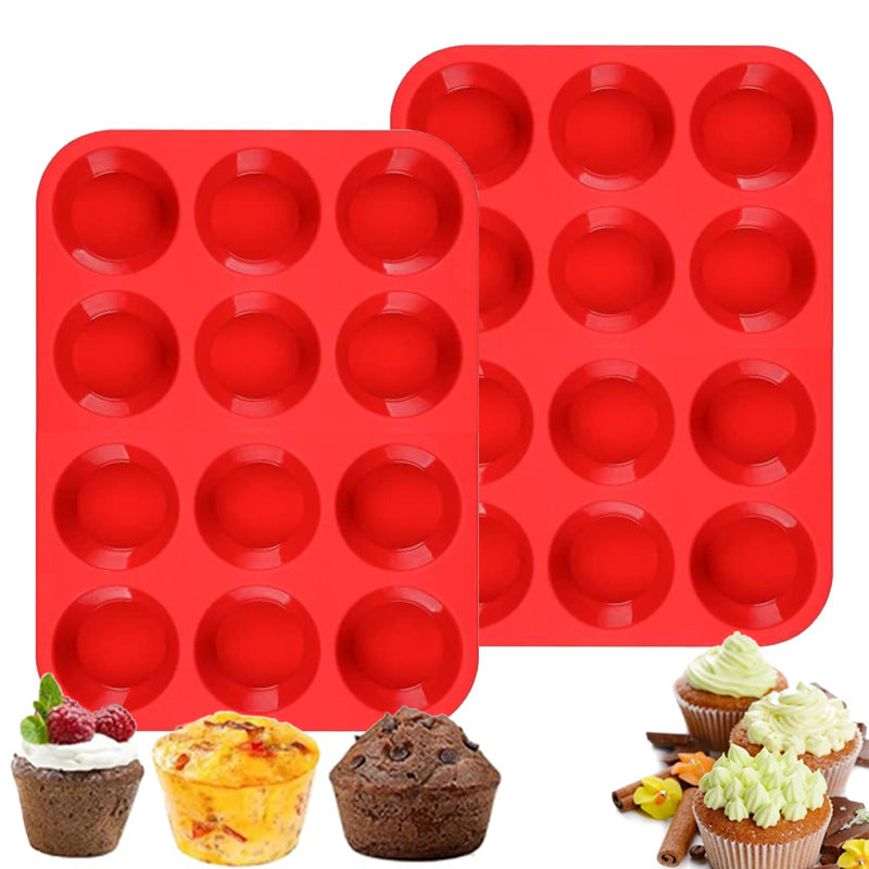 2PCS Red Food Grade Silicone Cake Mould 12 Cup Round Cupcake Pan Easy Release Non Stick Baking Trays V888-ELOSUNG44620