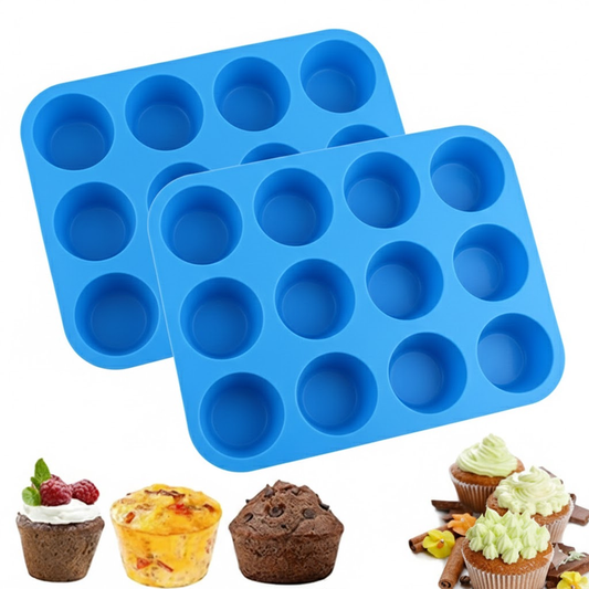 2PCS Blue Food Grade Silicone Cake Mould 12 Cup Round Cupcake Pan Easy Release Non Stick Baking Trays V888-ELOSUNG44621