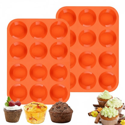 2PCS Orange Food Grade Silicone Cake Mould 12 Cup Round Cupcake Pan Easy Release Non Stick Baking Trays V888-ELOSUNG44622