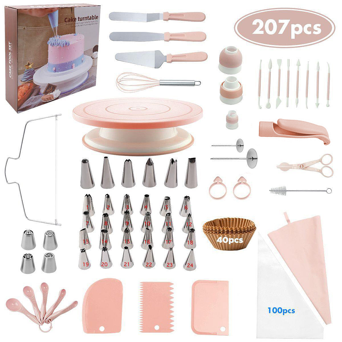 207 Pieces Cake Decorating Kit with Nordic Pink Revolving Turntable Icing Tips and Spatulas Complete Baking V888-ELOSUNG44623