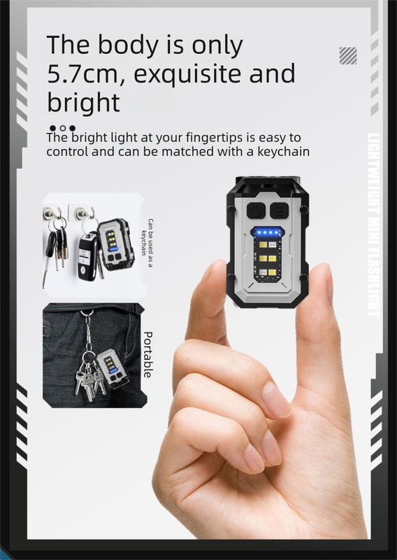 Mini EDC Keychain Flashlight Dual LED Super Bright 750mAh Type-C Rechargeable Magnetic Torch Work Light White V888-ELOSUNG44640