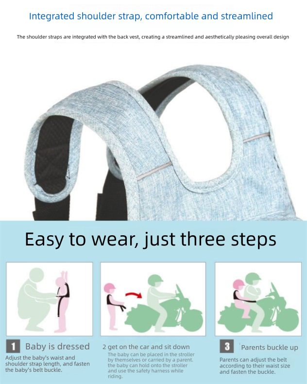 Child Motorcycle Safety Harness Strap Adjustable Passenger Belt with Handles & Storage Pocket Breathable V888-ELOSUNG44651