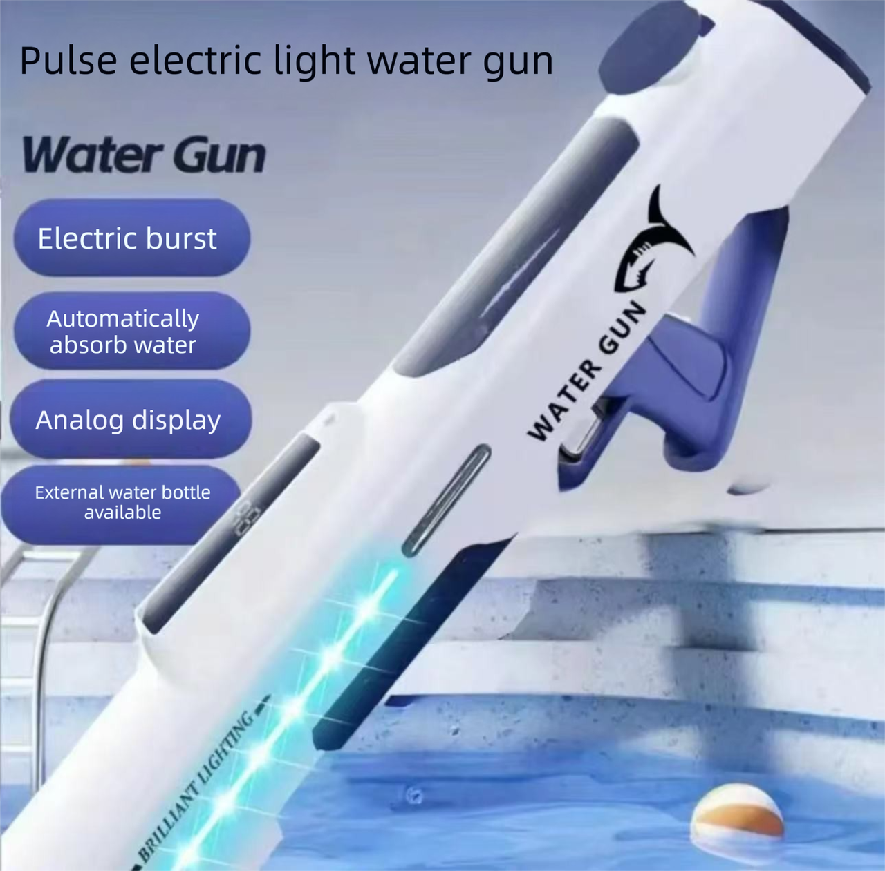 Electric Water Gun Auto Refill 46cm White LED Pulse Blaster High Pressure Toy with External Bottle Connector V888-ELOSUNG44676
