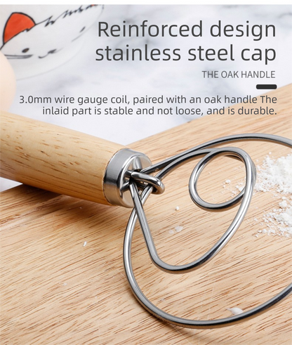 Danish Dough Whisk Slim Dual Ring Design Short Oak Wood Handle Bread Mixer Tool for Sourdough Starter Jars & V888-ELOSUNG44687