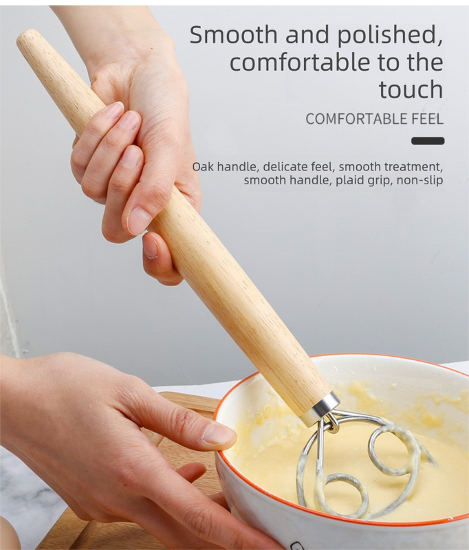 Danish Dough Whisk Slim Dual Ring Design Short Oak Wood Handle Bread Mixer Tool for Sourdough Starter Jars & V888-ELOSUNG44687