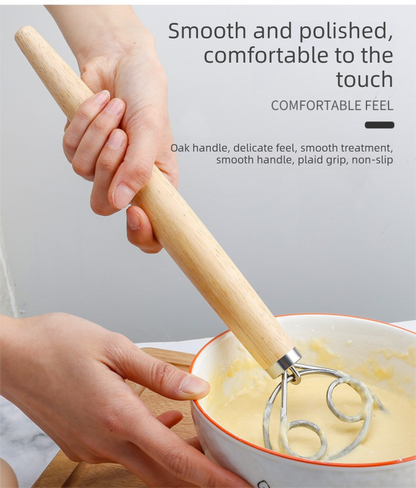 Danish Dough Whisk Slim Dual Ring Design Short Oak Wood Handle Bread Mixer Tool for Sourdough Starter Jars & V888-ELOSUNG44687