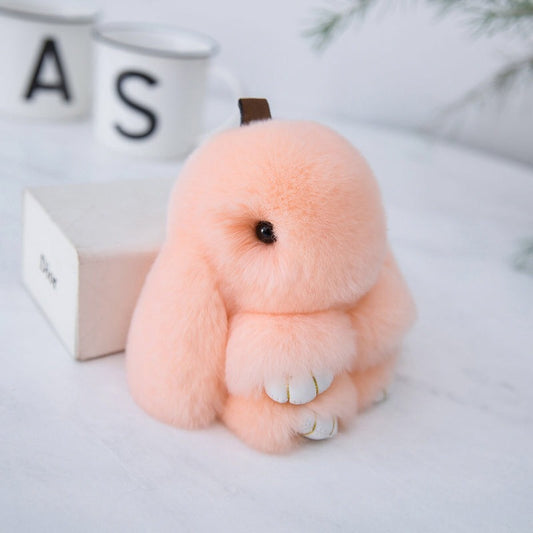 Fluffy Mini Rex Rabbit Fur Keychain Cute Bunny Bag Charm - Soft Plush Animal Doll Key Ring for Car Keys & V888-ELOSUNG44737