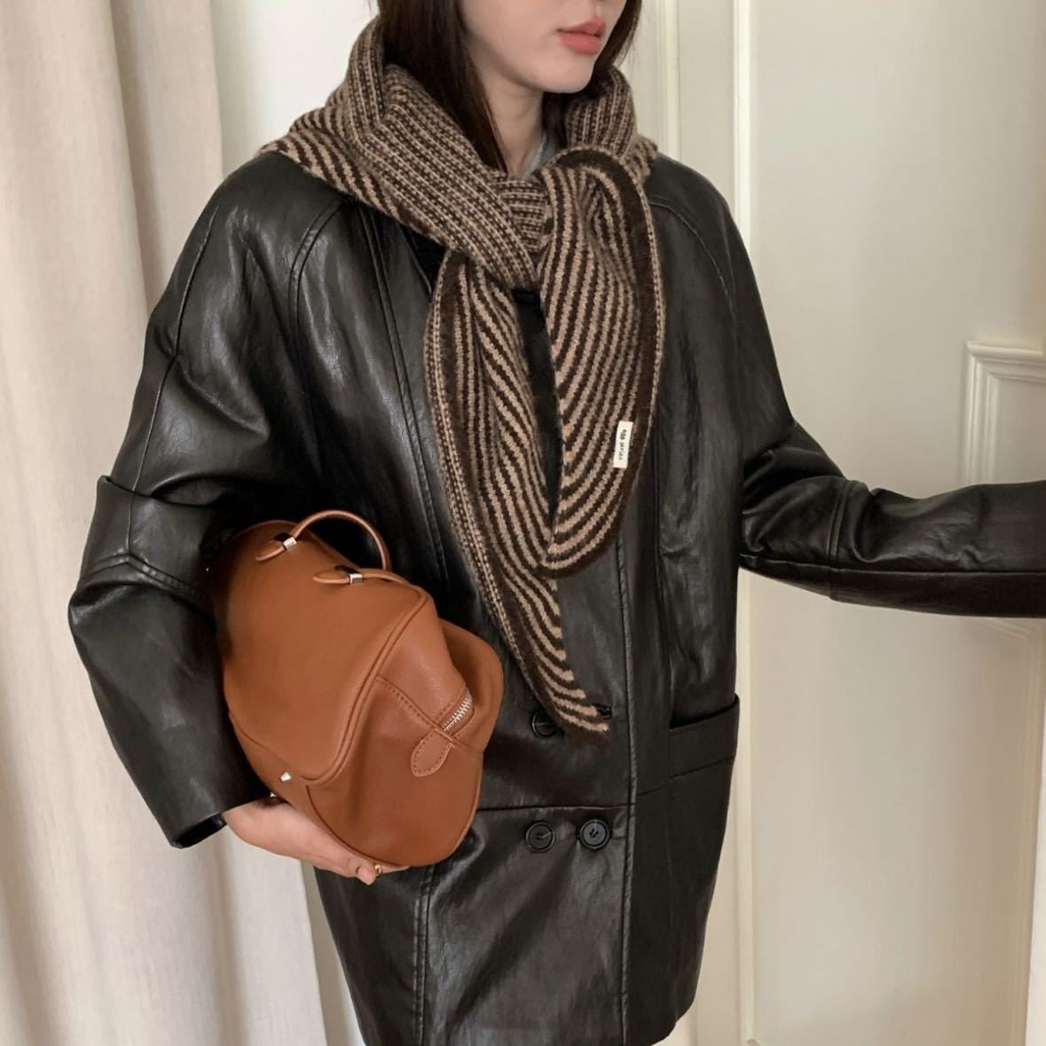 Coffee Striped Wool Blend Knitted Triangle Scarf - Soft Warm Shawl Neck Wrap for Women - Chic Autumn Layering V888-ELOSUNG44746