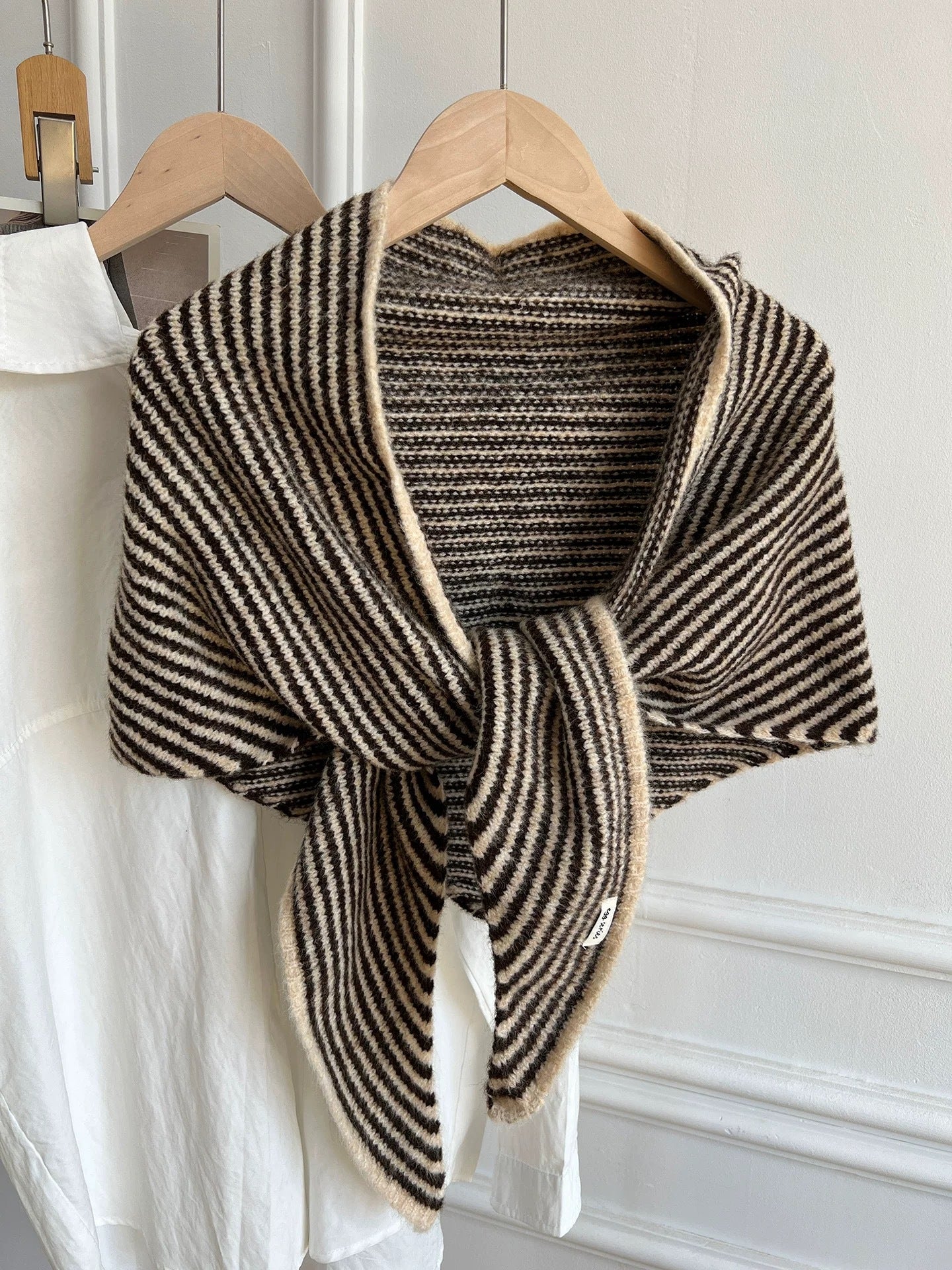 Light Khaki Striped Wool Blend Knitted Triangle Scarf - Soft Warm Shawl Neck Wrap for Women - Chic Autumn V888-ELOSUNG44751