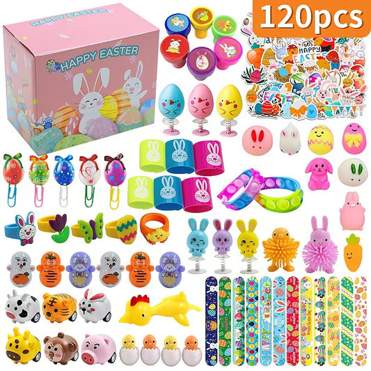 120Pcs Easter Egg Fillers Toy Assortment - Bulk Party Favours for Kids - Mini Toys, Stamps, Slap Bands & V888-ELOSUNG44752