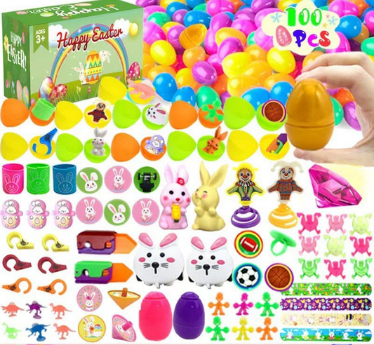 100 PCS Easter Eggs with 100 Toy Fillers - Bulk Surprise Plastic Eggs & Mini Toys Set - Includes Golden Egg - V888-ELOSUNG44754