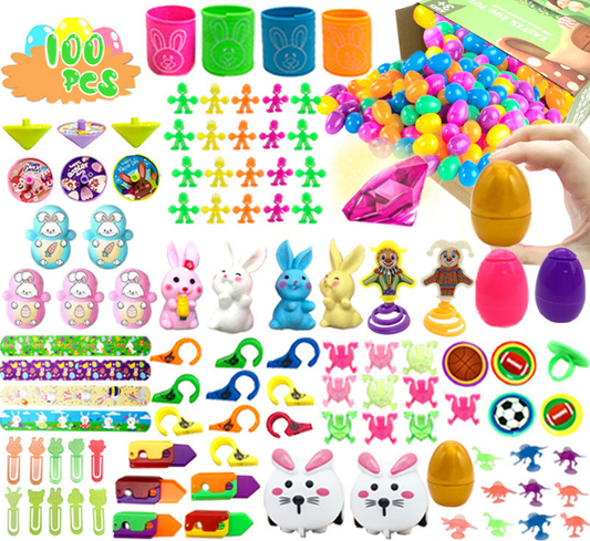 100 PCS Easter Party Favours Set with Plastic Eggs & Novelty Toys - Assorted Fillers for Kids Egg Hunts, V888-ELOSUNG44757