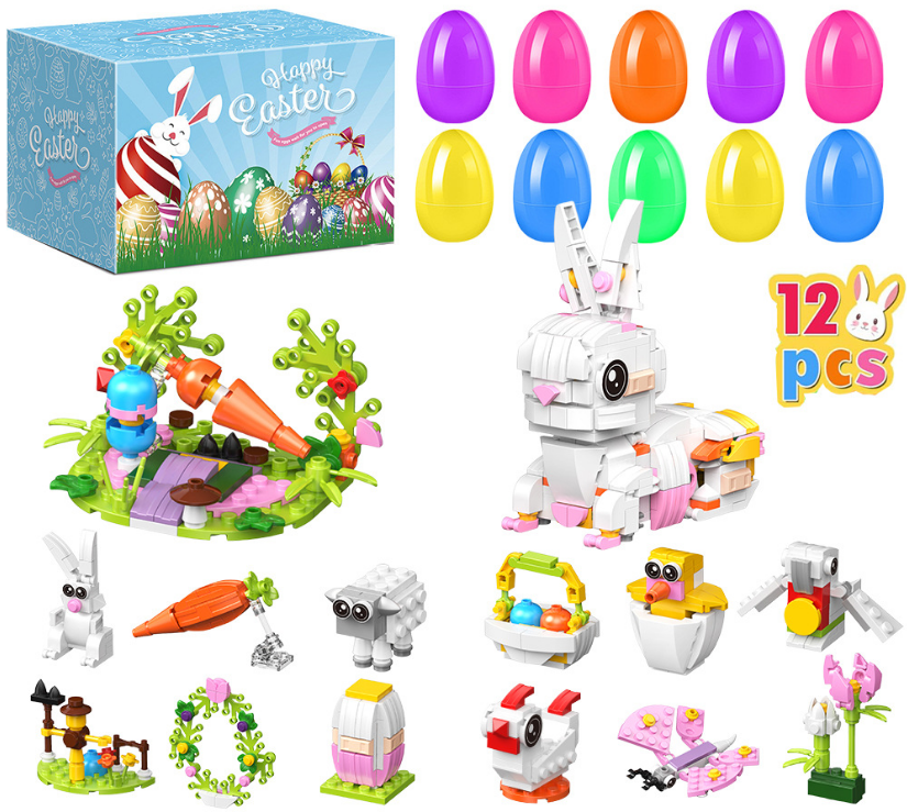 12 PCS Pre-filled Easter Eggs with Mini Building Block Toys - Creative Construction Figures (Bunny, Chick, V888-ELOSUNG44758