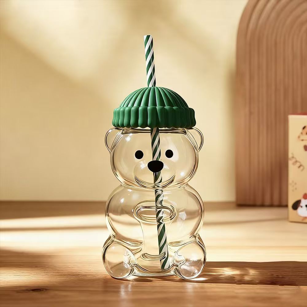 Creative Bear Shape Glass Water Bottle with Straw Cute Cartoon Coffee Cup and Cold Drink Tumbler - Green Hat V888-ELOSUNG44777