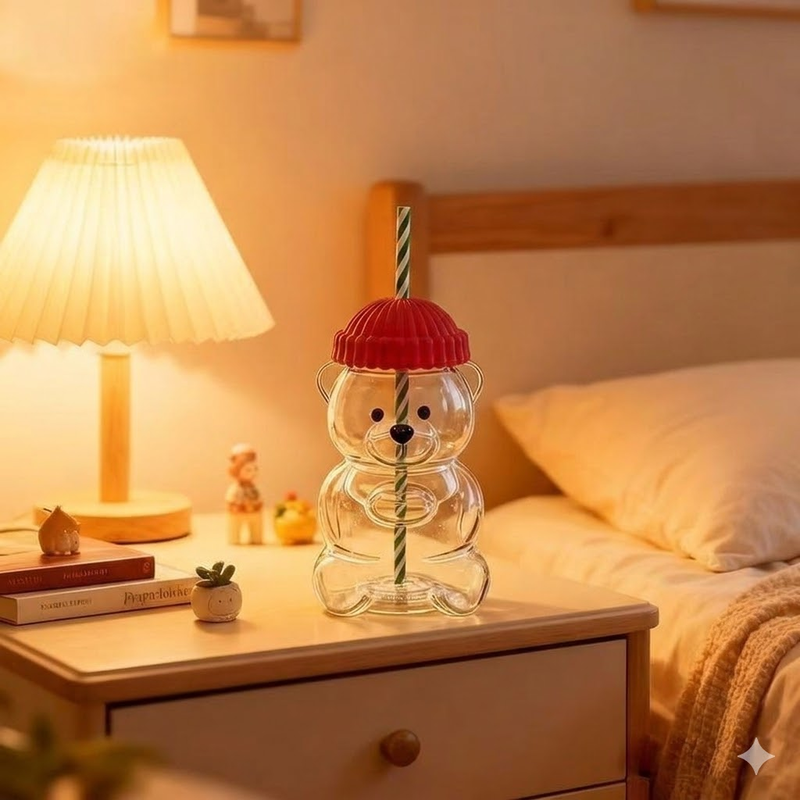 Creative Bear Shape Glass Water Bottle with Straw Cute Cartoon Coffee Cup and Cold Drink Tumbler - Red Hat V888-ELOSUNG44778
