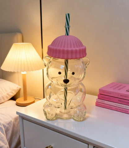 Creative Bear Shape Glass Water Bottle with Straw Cute Cartoon Coffee Cup and Cold Drink Tumbler - Pink Hat V888-ELOSUNG44779