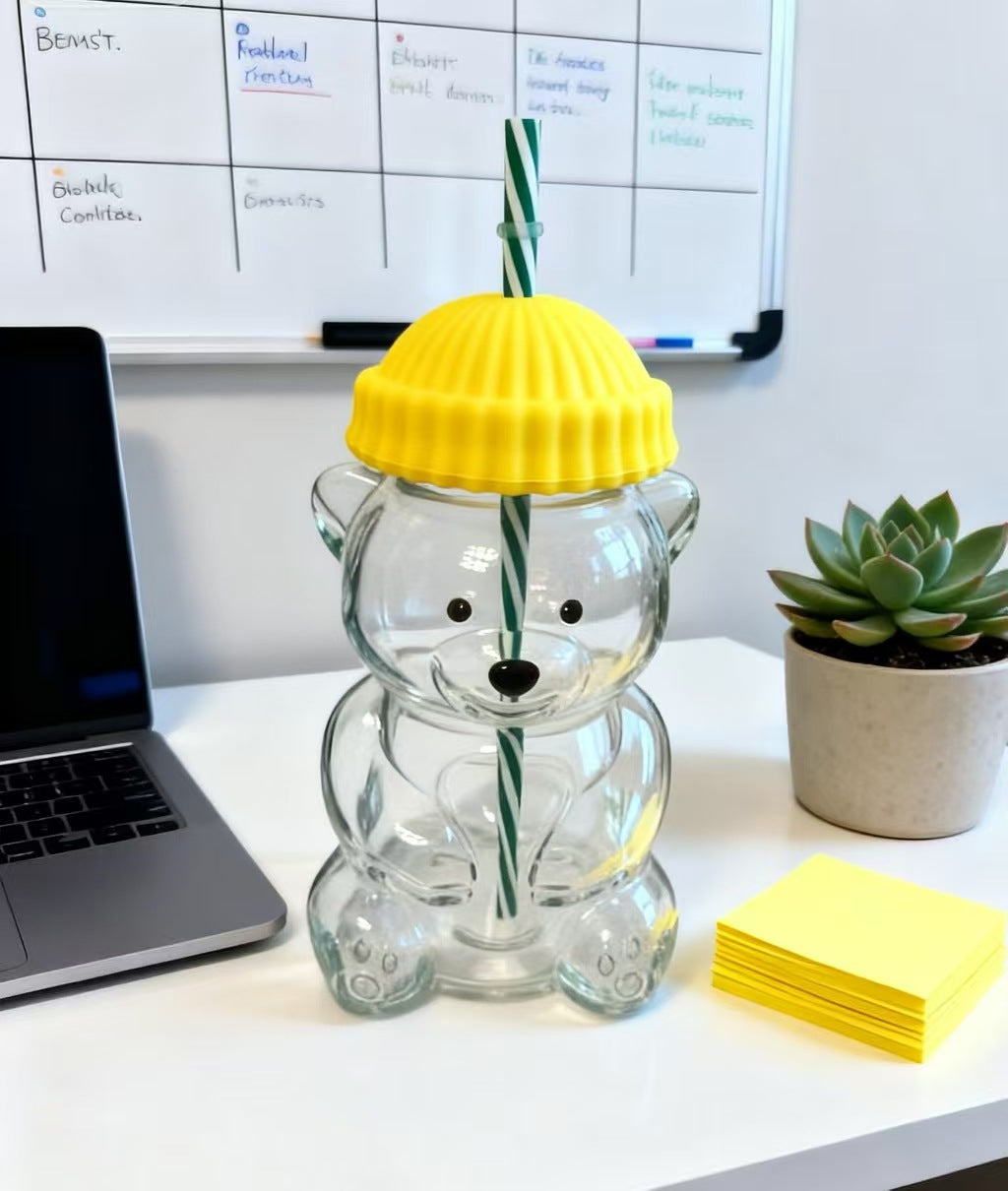 Creative Bear Shape Glass Water Bottle with Straw Cute Cartoon Coffee Cup and Cold Drink Tumbler - Yellow Hat V888-ELOSUNG44780