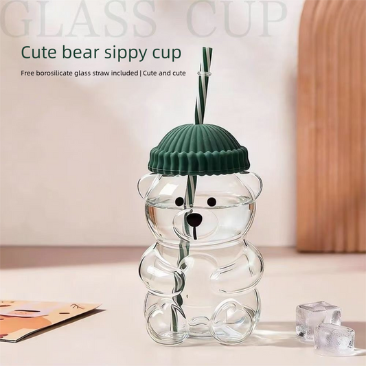 Creative Bear Shape Glass Water Bottle with Straw Cute Cartoon Coffee Cup and Cold Drink Tumbler - Blue Hat V888-ELOSUNG44781