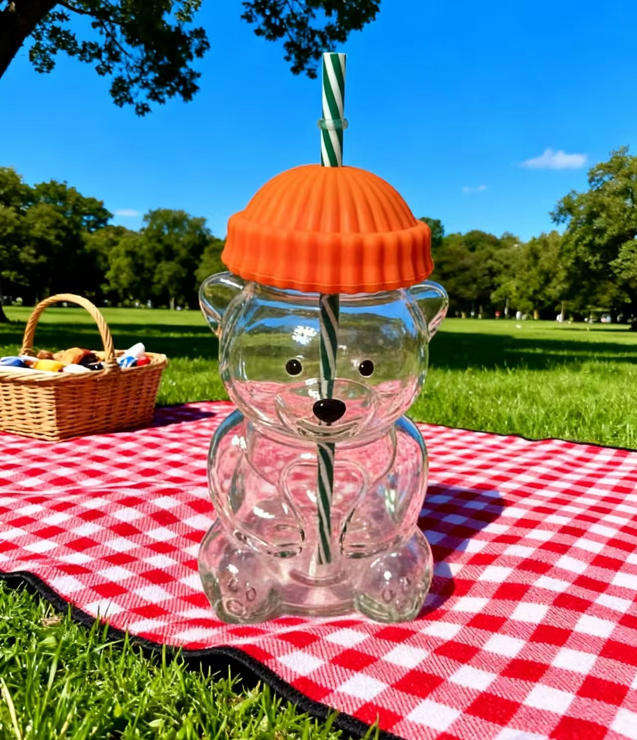 Creative Bear Shape Glass Water Bottle with Straw Cute Cartoon Coffee Cup and Cold Drink Tumbler - Orange Hat V888-ELOSUNG44782