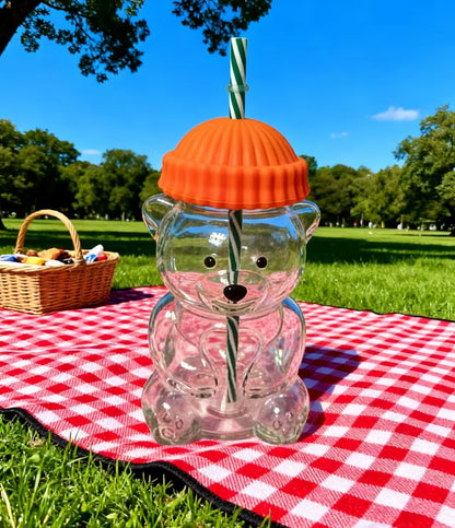 Creative Bear Shape Glass Water Bottle with Straw Cute Cartoon Coffee Cup and Cold Drink Tumbler - Orange Hat V888-ELOSUNG44782
