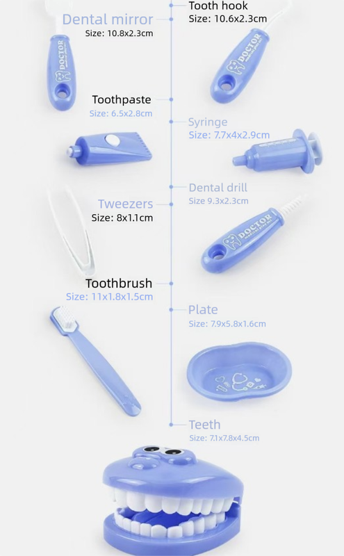 9 Piece Kids Dentist Pretend Play Set - Blue Educational Medical Kit with Teeth Model, Toothbrush & Tools - V888-ELOSUNG44787