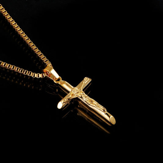 Men's Vintage Gold Cross Pendant Necklace Stainless Steel Titanium Steel Sweater Chain - Luxury Gold Finish V888-ELOSUNG44825