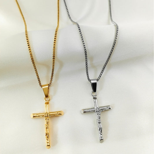 Men's Vintage Cross Pendant Necklace 2-Piece Set - Includes Classic Steel & Luxury Gold Titanium Steel Chains V888-ELOSUNG44826