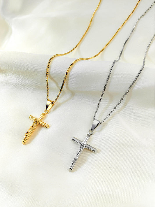 Men's Vintage Cross Pendant Necklace 2-Piece Set - Includes Classic Steel & Luxury Gold Titanium Steel Chains V888-ELOSUNG44826