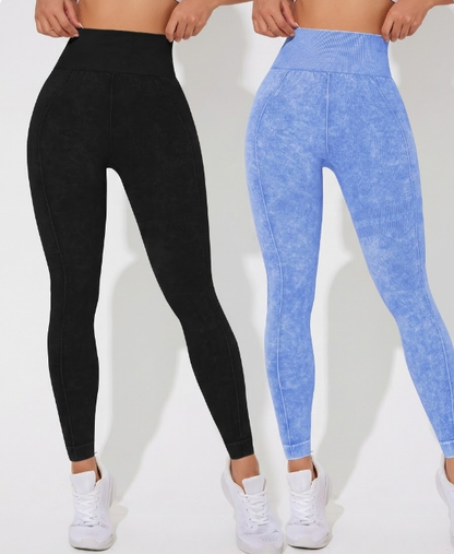 Seamless High Waisted Yoga Leggings 2 PCS Solid Black and Sand Washed Blue Size XL Moisture Wicking Activewear V888-ELOSUNG44838
