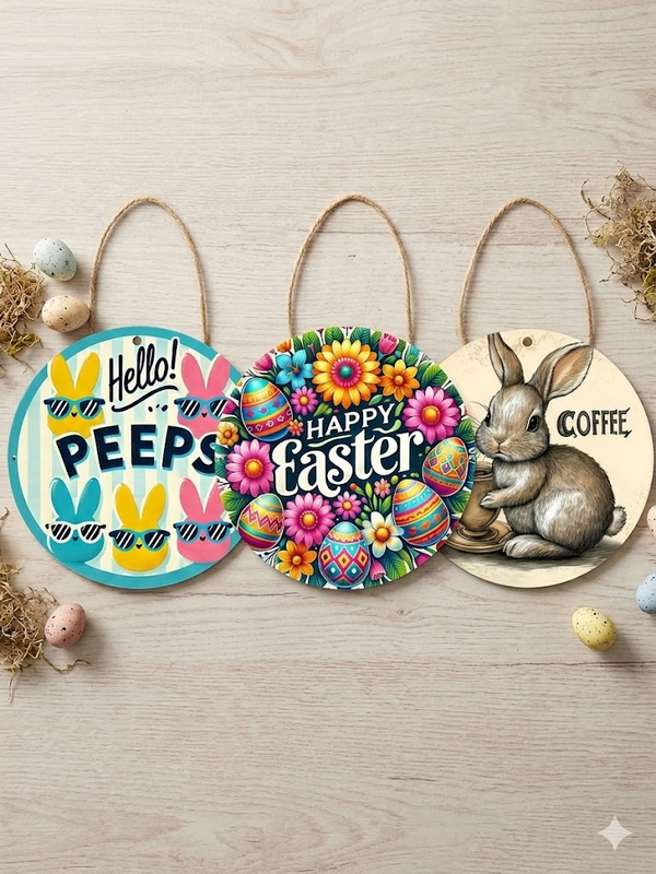 3 PCS Easter Wooden Hanging Signs Round Wall Decor Bunny and Egg Designs 20cm Front Door Plaque V888-ELOSUNG44839