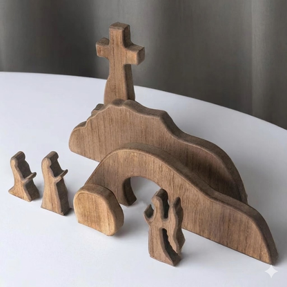 Easter Resurrection Scene 7-Piece Wooden Tabletop Set - Handcrafted Cross, Tomb, and Figurines Commemorative V888-ELOSUNG44852