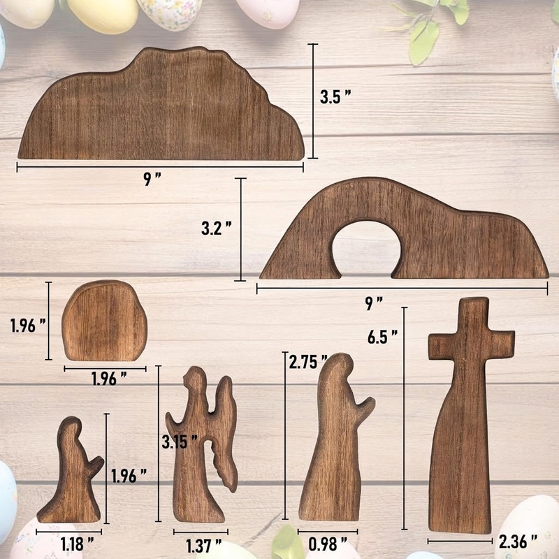 Easter Resurrection Scene 7-Piece Wooden Tabletop Set - Handcrafted Cross, Tomb, and Figurines Commemorative V888-ELOSUNG44852