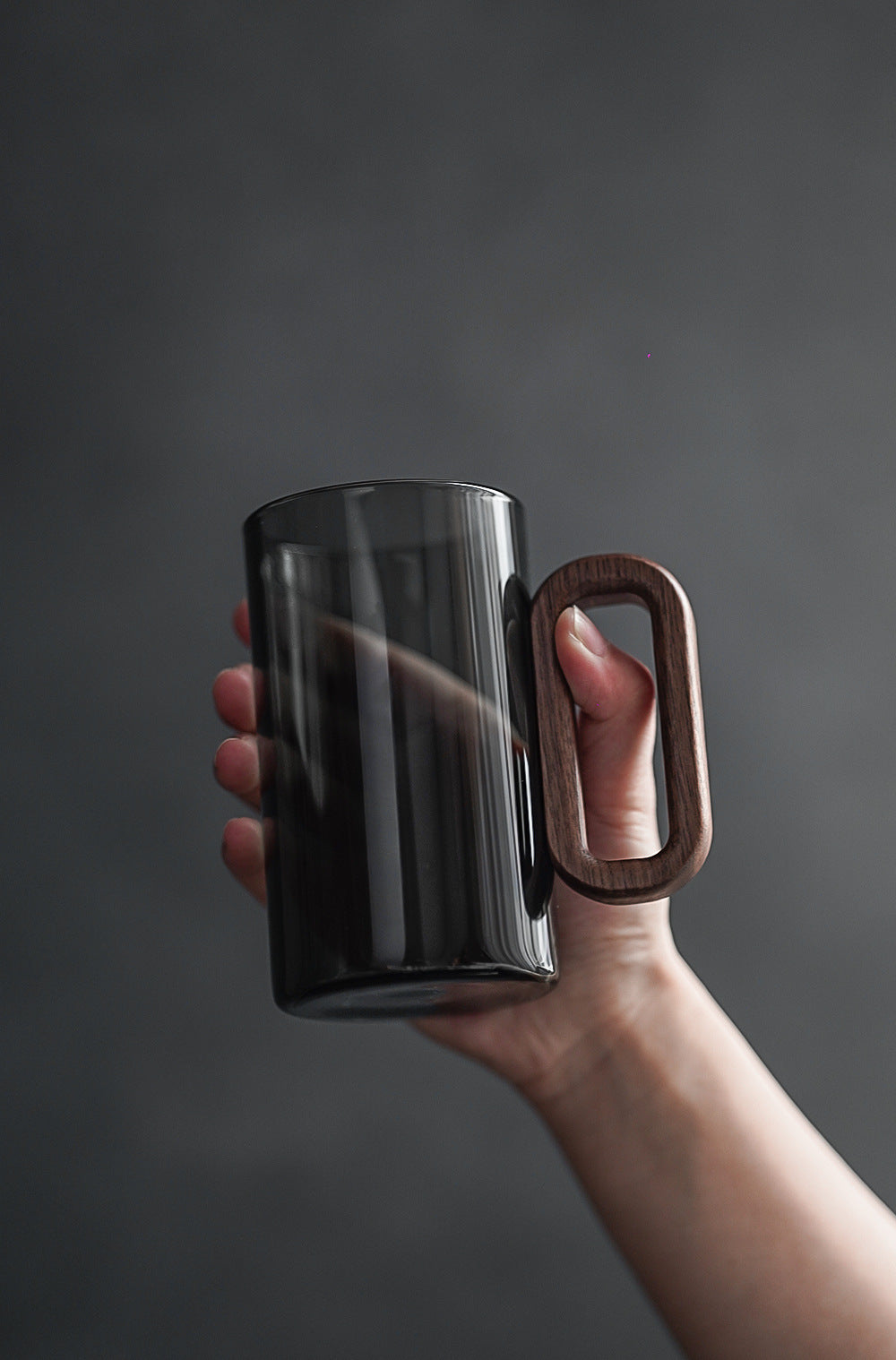 Smoky Grey Glass Tea Cup with Wooden Handle 360ml Heat-Resistant Hand-Blown Coffee Mug Modern Minimalist V888-ELOSUNG44864