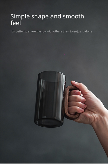 Smoky Grey Glass Tea Cup with Wooden Handle 360ml Heat-Resistant Hand-Blown Coffee Mug Modern Minimalist V888-ELOSUNG44864
