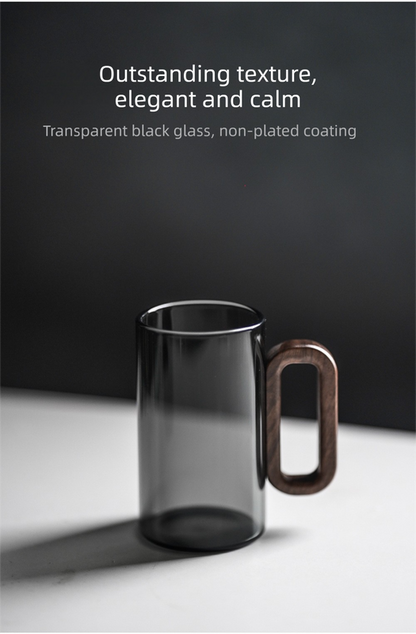 Smoky Grey Glass Tea Cup with Wooden Handle 360ml Heat-Resistant Hand-Blown Coffee Mug Modern Minimalist V888-ELOSUNG44864