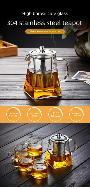 750ml Heat Resistant Glass Teapot with 304 Stainless Steel Infuser Thickened Square Base Loose Leaf Tea Maker V888-ELOSUNG44868