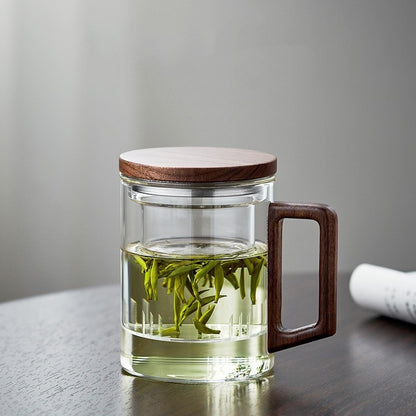 400ml Borosilicate Glass Tea Mug with Infuser and Walnut Wood Handle Clear Loose Leaf Teacup for Home Office V888-ELOSUNG44871
