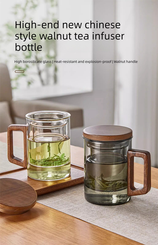 400ml Borosilicate Glass Tea Mug with Infuser and Walnut Wood Handle Clear Loose Leaf Teacup for Home Office V888-ELOSUNG44871