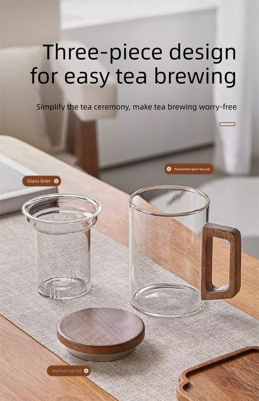 400ml Borosilicate Glass Tea Mug with Infuser and Walnut Wood Handle Clear Loose Leaf Teacup for Home Office V888-ELOSUNG44871