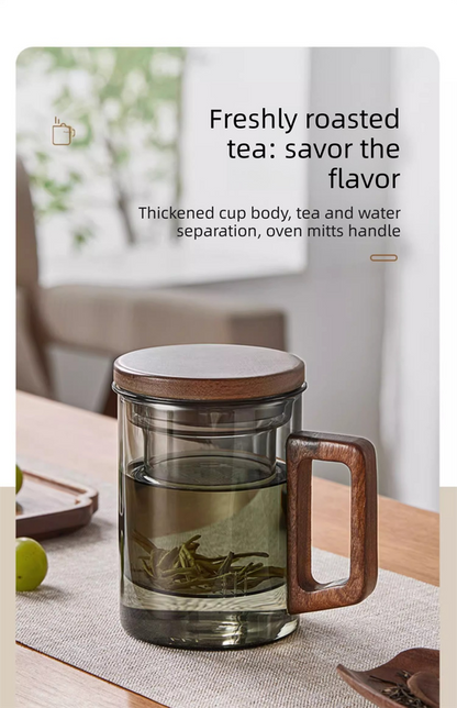 400ml Borosilicate Glass Tea Mug with Infuser and Walnut Wood Handle Clear Loose Leaf Teacup for Home Office V888-ELOSUNG44871