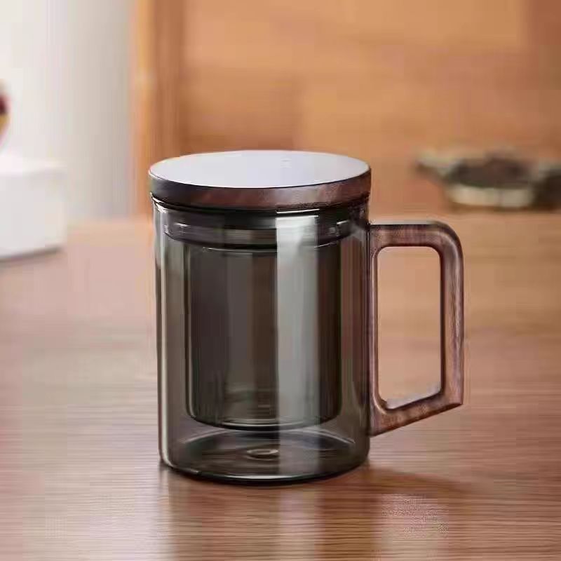 400ml Smoky Grey Borosilicate Glass Tea Mug with Infuser and Wooden Handle Loose Leaf Teacup for Office V888-ELOSUNG44872