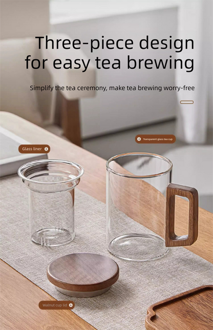 400ml Smoky Grey Borosilicate Glass Tea Mug with Infuser and Wooden Handle Loose Leaf Teacup for Office V888-ELOSUNG44872