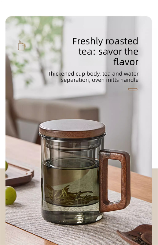 400ml Smoky Grey Borosilicate Glass Tea Mug with Infuser and Wooden Handle Loose Leaf Teacup for Office V888-ELOSUNG44872