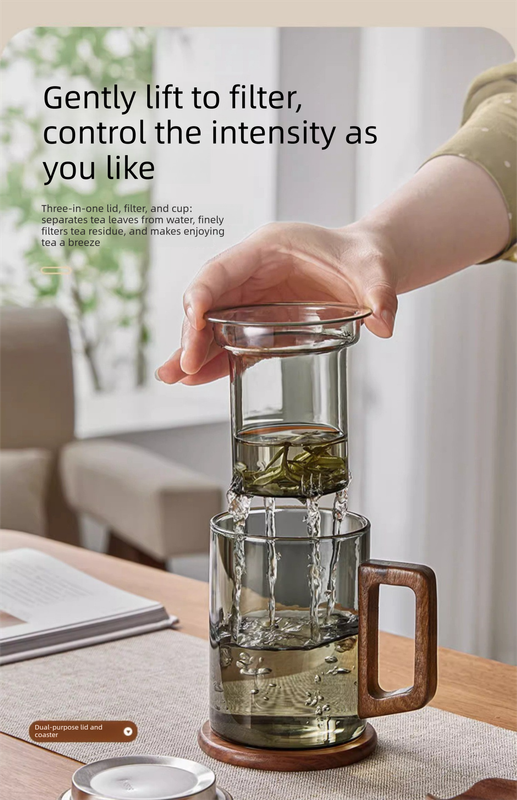 400ml Smoky Grey Borosilicate Glass Tea Mug with Infuser and Wooden Handle Loose Leaf Teacup for Office V888-ELOSUNG44872