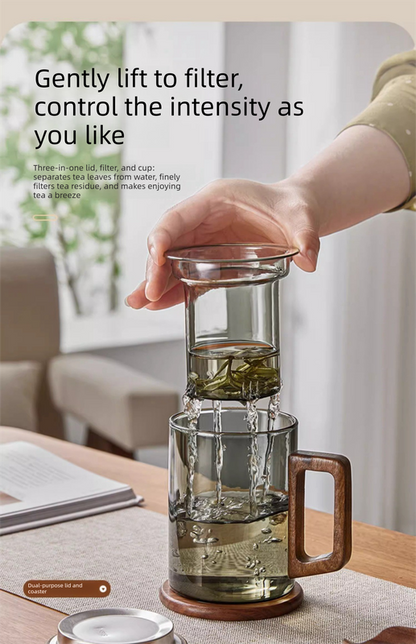 400ml Smoky Grey Borosilicate Glass Tea Mug with Infuser and Wooden Handle Loose Leaf Teacup for Office V888-ELOSUNG44872