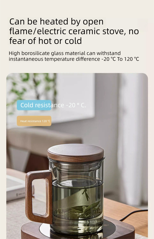 400ml Smoky Grey Borosilicate Glass Tea Mug with Infuser and Wooden Handle Loose Leaf Teacup for Office V888-ELOSUNG44872