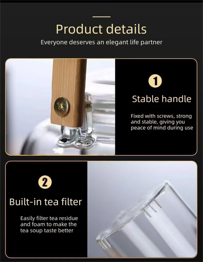 1000ml Heat Resistant Glass Teapot with Bamboo Handle and Glass Infuser Loose Leaf Tea Maker for Home V888-ELOSUNG44873