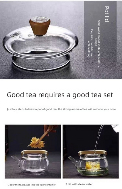 1500ml Heat Resistant Glass Teapot with Bamboo Handle and Glass Infuser Loose Leaf Tea Maker for Home V888-ELOSUNG44874