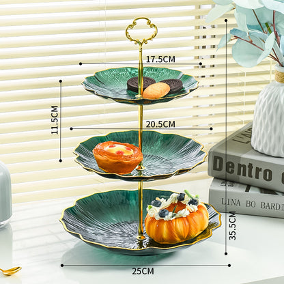 3-Tier Modern Fruit & Snack Stand - Green Reinforced Tiered Platter with Durable Iron Art Support for Home, V888-ELOSUNG44889