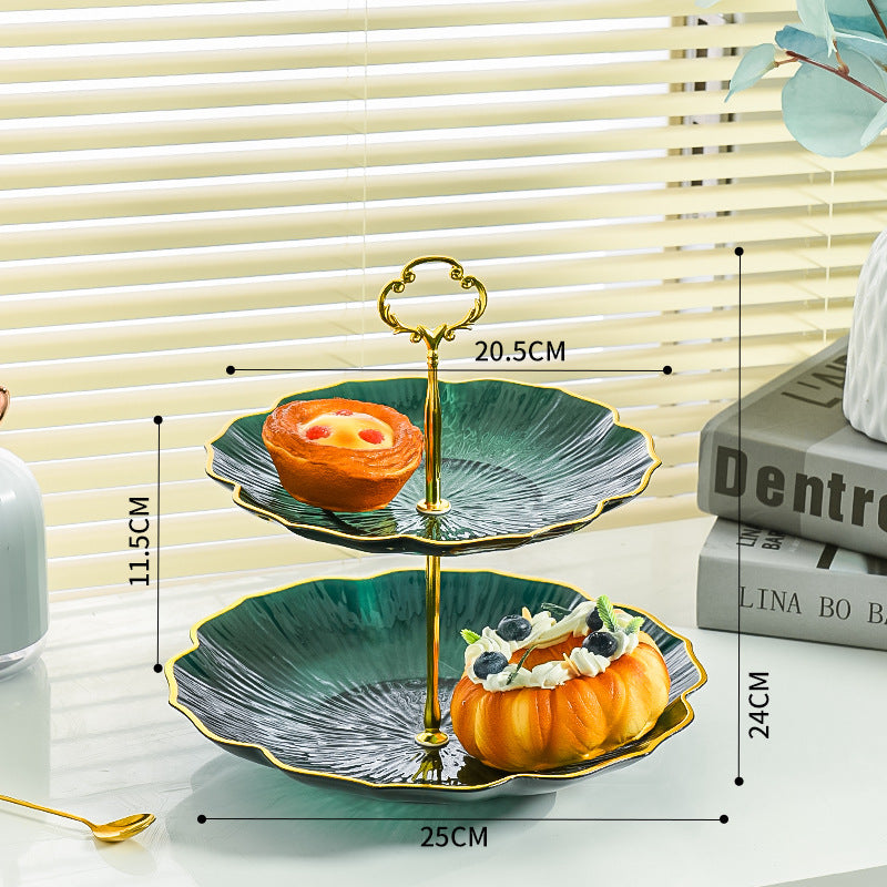 2-Tier Modern Fruit & Snack Stand - Green Reinforced Tiered Platter with Durable Iron Art Support for Home, V888-ELOSUNG44893